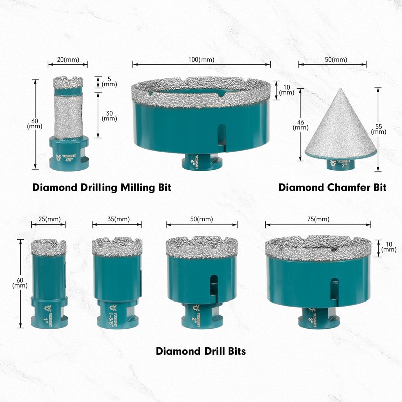 YOSIGHT 7Pcs Diamond Core Drill Bits Set - 5Pcs 25/35/50/75/100mm
