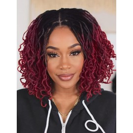 FANCEE Full Lace Wig Curly Faux Locs Wig with Baby Hair Ombre Red Pre Plucked Knotless Square Part Dreadlock Full Double Lace Wig for Black Women Dark Roots Natural Short Softlocs