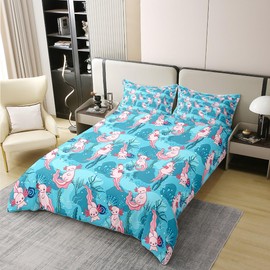 Axolotl 100% Organic Cotton Duvet Cover, 135 x 200 cm, Cartoon Fish Bedding Set for Teenagers, Teal Ocean Reptile Comforter Cover, Nautical Coral Shell Bed Sets with 1 Pillowcase, Bedroom Decor