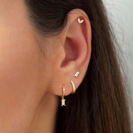 LANGLY Gold Hoop Earrings Set for Women, 4 Pairs 14K Gold Plated Hypoallergenic Cartilage Huggie Hoops Cubic Zirconia Studs Dangle Earrings Sets for Multiple Piercings