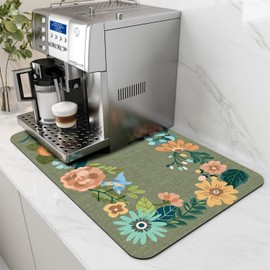 AMOAMI-Coffee Mat Hide Stain Rubber Backed Absorbent Dish Drying Mat for Kitchen Counter-Coffee Bar Accessories Fit Under Coffee Maker Coffee Machine Espresso Machine Dish Rack Floral GREEN 12X19