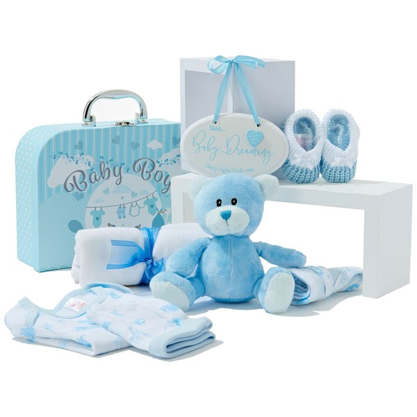 Baby Box Shop Baby Boy Gifts Newborn - 7 Baby Shower Gifts for Baby Boy Includes New Baby Boy Gifts in a New Born Baby Gift Set, New Born Baby Boy Gift, Baby Boy Hamper for New Born Baby - Blue
