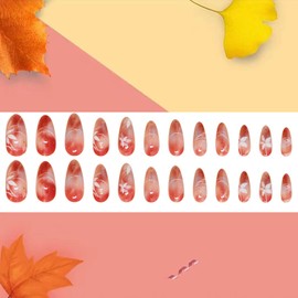 Thanksgiving Press on Nails Medium Almond Maple Leaves False Nails with Lines Design Red Smudge Acrylic Nails Full Cover Glossy Coffin Nails Reusable Glue on Nails for Women Festival Nails