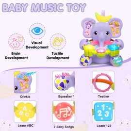 Ryotagift Baby Bilingual Musical Elephant Stuffed Animals Toys,Infant Early Learning Toy with Light-Up Music & Crinkle,Tummy Time Toys for 0 3 6 9 12+ Months for Baby Boy Girl Gift,Purple