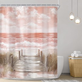 Riyidecor Beach Shower Curtain 54Wx78H Inch Extra Long Beachy Pink Summer Ocean Coastal Hawaii Oil Painting Sky Modern Bathroom Decor Fabric Polyester Waterproof 12 Pack Hooks