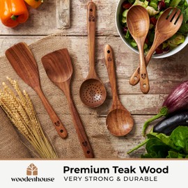 Wooden Spoons for Cooking - Teak Wooden Utensils for Cooking - Heat Resistant Wooden Spoon Sets for Cooking - Comfortable Grip Non-Stick Wooden Cooking Utensils - 6 Pcs Wood Utensil Sets
