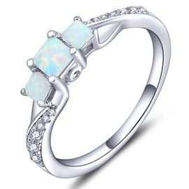 YL Women's Sterling Silver Clear Created Opal 3-stone Princess Cut Wedding Rings for Engagement Jewelry-size10
