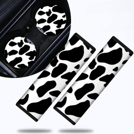 Dikoer Car Seat Strap Pads for Kids and Car Cup Holder Coaster x 2 Pack Set, Soft Comfort Seat Belt Cushion for Children, Car Interior Accessories Seat Belt for Adults Girls and Boys, Cow Prints