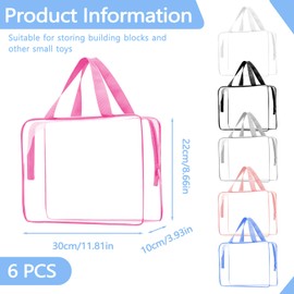 ASTIMESA 6 Pack Clear Travel Bags, PVC Blocks Storage Bags with Zipper & Handle, Waterproof Transparent Cosmetic Pouches Organizer for Game Board Puzzle Book (6 Colors) (Large)