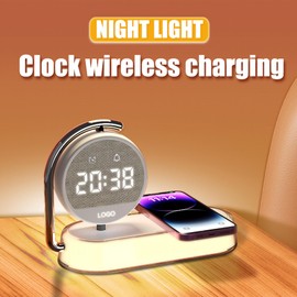CENSHI Fast Wireless Charging Station with LED Bedside Lamp & Alarm Clock
