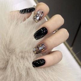 AKOFIC Pack of 24 Press on Nails, French Artificial Nails, Glue-On Nails with Jelly Nail Glue, White Pink Nude Glossy Ballerina Acrylic Fake Nails for Women and Girls (Black Silver Stitching)