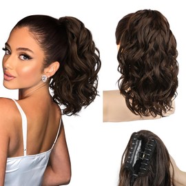 REECHO Ponytail Extension, 12" Claw Clip Ponytail Extension Short Ponytails Hair Extensions Jaw Clip on Pony Tails Natural Synthetic Hairpiece for Women Daily, Dark Chocolate Brown