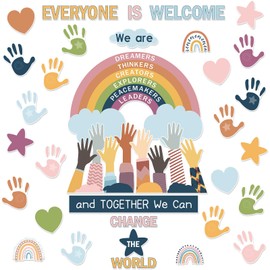 92 Pieces One World Together Classroom Decorations We Can Change The World Classroom Wall Decor We Are and Together Hands Cutouts with Stars Rainbow Cutouts for School Classroom Decor (Boho)