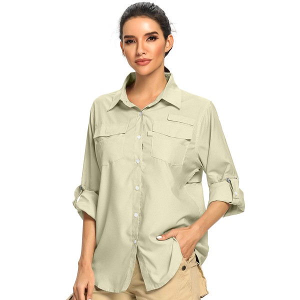 Women's UPF 50+ UV Protection Shirt, Long Sleeve Fishing Hiking Shirt, Quick Dry Breathable Safari Shirts,F5026,Khaki,L