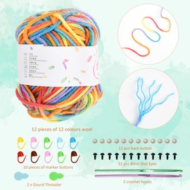 CENBEN 12 Roll Assorted Colors Smooth Soft Milk Cotton Yarn, 12 x 25g Double Knitting Wool Crochet Yarn with 10 Marker Pins & 2 Needles & 12 Doll Eyes Crochet Kits for Beginners Adults