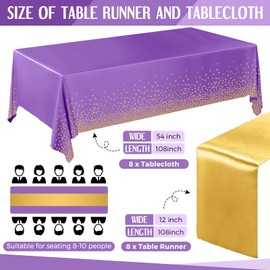Tudomro 16 Pieces Disposable Tablecloth Plastic Rectangle Table Cloth Table Cover 54 x 108 Inch with 12 x 108 Inch Satin Table Runner for Wedding Birthday Party Decorations (Gold,Purple)