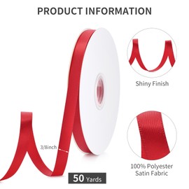 3/8" Red Satin Ribbon, 50 Yards Ribbon for Gift Wrapping, Fabric Ribbons for Flower Bouquet Bridal Wedding Party Decoration Crafts Bow Making, Present Wrapping Ribbons for Every Holiday