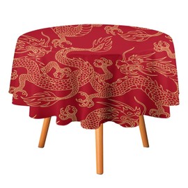 SHElifestyle Dragons Round Tablecloth Traditional Chinese Dragons Flying Mascot Animal Red Table Cloth Water Resistant Wipeable Table Cover for Kitchen Holiday Dinning Decor 36"