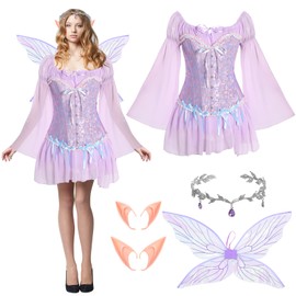 Foaincore 6 Pcs Women Fairy Costumes Set Off Shoulder Short Dress Floral Corset Rhinestone Tiara Elf Ears Wings(M,Purple)