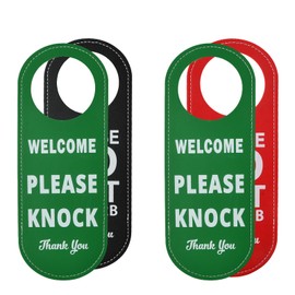 Hoxfly 2 Pcs Double Sided Door Signs, 8.5x21.5cm PU Leather Door Hanger Signs, Please Do Not Disturb and Welcome Please Knock Sign for Home Office Hotel Meeting Rooms (Red+Green and Black+Green)