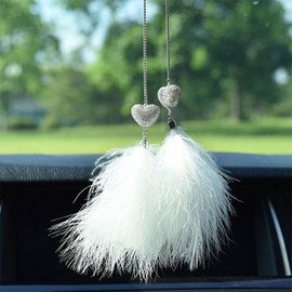Rear View Mirror Accessories, Bling Car Rearview Mirror Hanging Accessories, Diamond Love Heart White Feather Charms Decor for Women, Cute Ornaments for Car