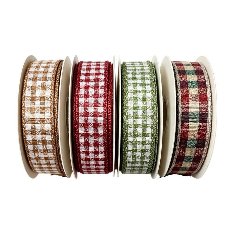 Gingham Ribbon 4 Rolls 10 Yards 3/8 Inch Burgundy Ivory