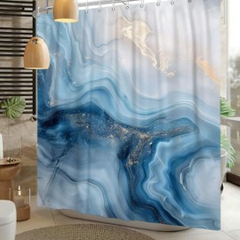 Xiaoterna Marble Shower Curtain, Blue Marble Shower Curtain, Modern Abstract Blue Golden Marble Waterproof Bath Curtain, Modern Art Shower Curtain, Machine Washable, Waterproof Fabric, 90 x 180 cm