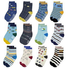 ELUTONG Toddlers’ Socks For Boys And Girls, Non-Slip Baby Socks, Acrylonitrile Butadiene Styrene (ABS) Non-Slip Children’s Socks With Animal Print, 12 Pairs - Automotive (12 pairs)