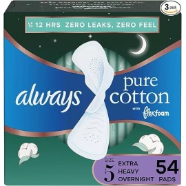 Always Pure Cotton Pads, Size 5 Extra Heavy Overnight, Unscented, 54 Count