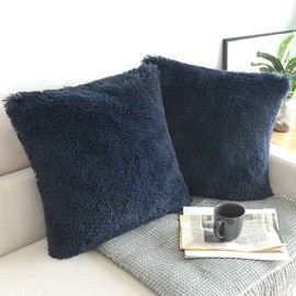 NordECO HOME Luxury Soft Faux Fur Fleece Cushion Cover Pillowcase Decorative Throw Pillows Covers, No Pillow Insert, 20" x 20" Inch, Navy, 2 Pack