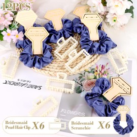 Bridesmaid Proposal Gifts, 12 PCS Bridesmaids Silk Hair Scrunchies & Pearl Hair Clips Set for Women Girls Bachelorette Party Favors Bridal Shower Favors Bridesmaids Gifts for Wedding Day