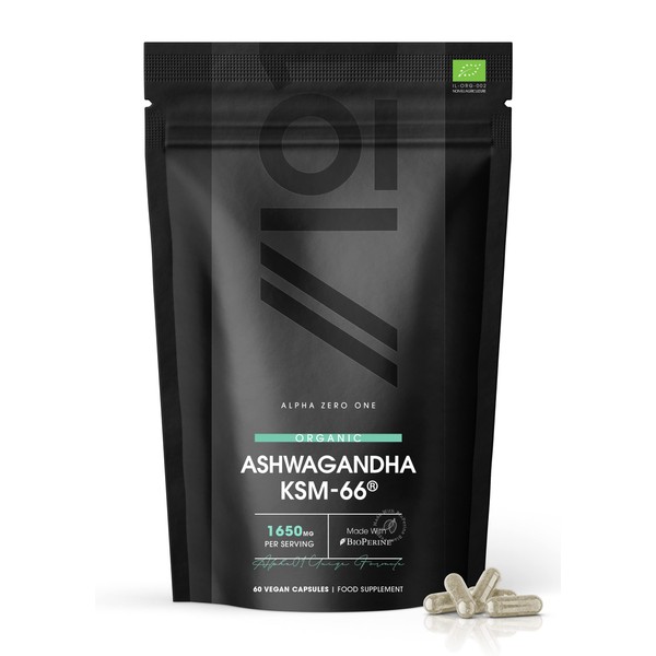 Organic Ashwagandha KSM-66® with BioPerine® - 1650mg - 5% Withanolides - Most Bioavailable Full-Spectrum Root Extract - Not Tablets or Powder - 60 Vegan Capsules Bag