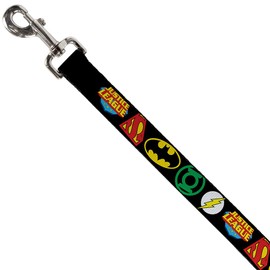 Buckle-Down Pet Leash - Justice League Superhero Logos CLOSE-UP Black - 4 Feet Long - 1" Wide