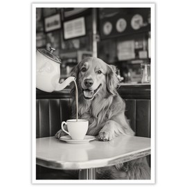 Golden Retriever Drinking Coffee Dogs Print Black And White Vintage Photography Funny Kitchen Wall Art Dining Room Decor Coffee Shop Room Decor Aesthetics 12X16 in Unframed