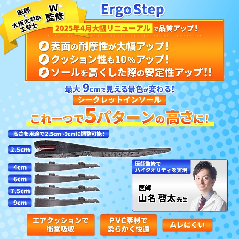 ErgoStep Secret Insole, Adjustable Maximum 3.5 inches (9 cm), 1.0