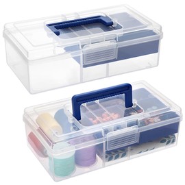 BTSKY 2 PCS Clear Plastic Storage Box with Removable Tray Multipurpose Stationery Storage Box with Handle Handy Sewing Box Art Craft Supply Organizer Home Utility Box (Blue)