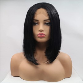 xiweiya wigs black bob wig 14 inches middle part 1B hair synthetic lace front wig heat resistant fiber gor women daily wear