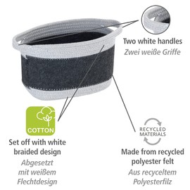 WENKO Bea M Felt Basket with Two White Handles, Made from Recycled Polyester Felt in Dark Grey with White Wicker Design, 80% Polyester / 20% Cotton, 5 Litres, 24 x 16 x 16 cm