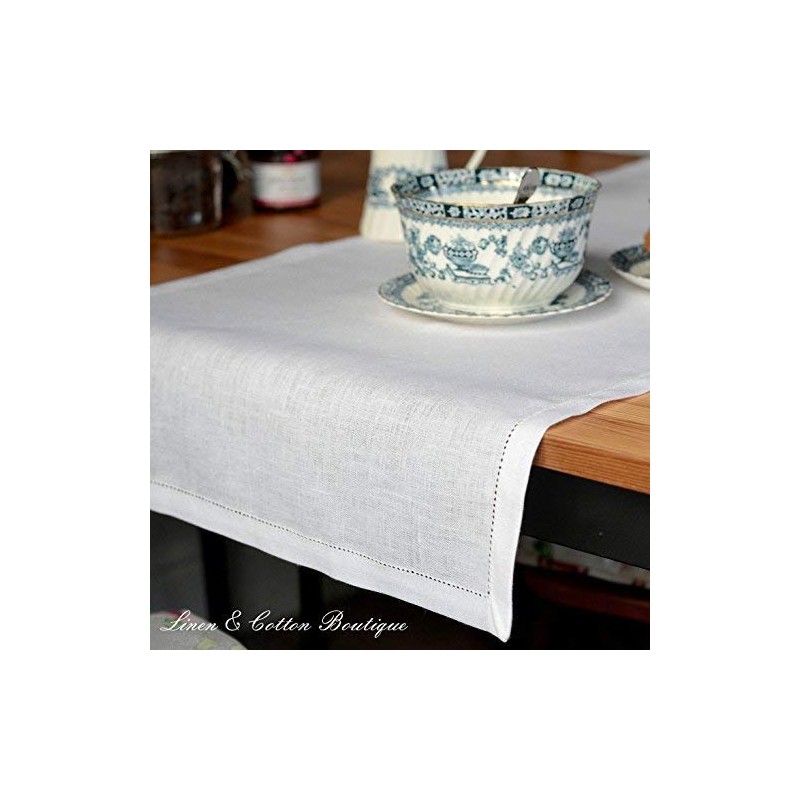 Linen & Cotton Luxury Hemstitched Table Runner FLORENCE, 100% Linen