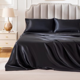 FreshCulture Satin Sheets King Size, Silky Soft Satin Bed Sheets, 4 Psc Black Satin Sheets with Deep Pocket, Similar to Silk Sheets, Luxury Silk Feel Satin King Sheets Set, Black