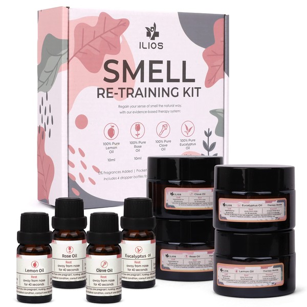 Ilios Olfactory Smell Training Kit, 4 Essential Oils, All Natural Stimulating Aromatherapy for Loss of Senses with Lemon, Clove, Rose, Eucalyptus, and Accessories