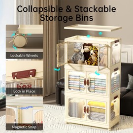 UFORU 3 Tier 84QT/21Gal Stackable Plastic Storage Cabinet Bins with Lids and Wheels, Foldable Storage Cabinet, Storage Organizer, Folding Storage Box with Doors for Home, Office, Closets