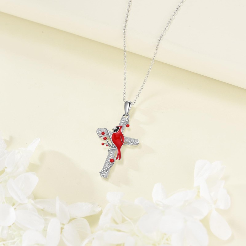 ONEFINITY Red Cardinal Necklace 925 Sterling Silver Cardinal Cross Pendant