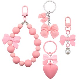 Sureio 4 Pcs Pink Bow Purse Charm Pearl Bow Keychain Bulk for Purse Preppy Beaded Keychain Wristlet Cute Coquette Aesthetic Decor for Women Girl Bag Phones Keys
