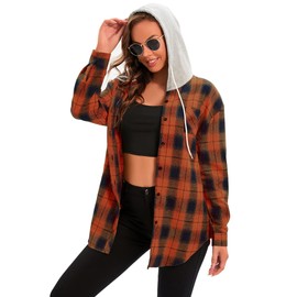 Womens Flannel Shirts Long Sleeve Oversized Boyfriend Shirts Button Down Plaid Hoodie Orange