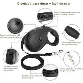 Cheelom Correa Retráctil para Perros Durable Correa ajustable para perro de 5M para perros pequeños medianos grandes de hasta 35kg botón dispensador de desechos para perros y bolsas incluidas(negro)