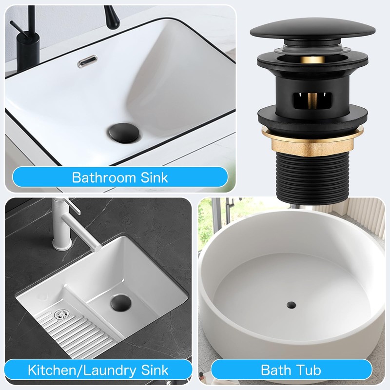 Sink Drain Fitting, Sink Plug with Overflow, Black, Drain Fitting