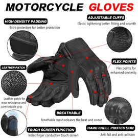 Motorcycle Gloves Men's Leather Motorcycle Gloves Men's Breathable Touch Screen Cycling Gloves, Black Men's Professional Mountain Bike (L, Black with Holes)