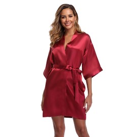 iFigure Robe for Women Silky Lightweight Satin Kimono Bride Bridesmaids Wedding Party Robes Dressing Gown Summer Loungewear, Wine red, Large