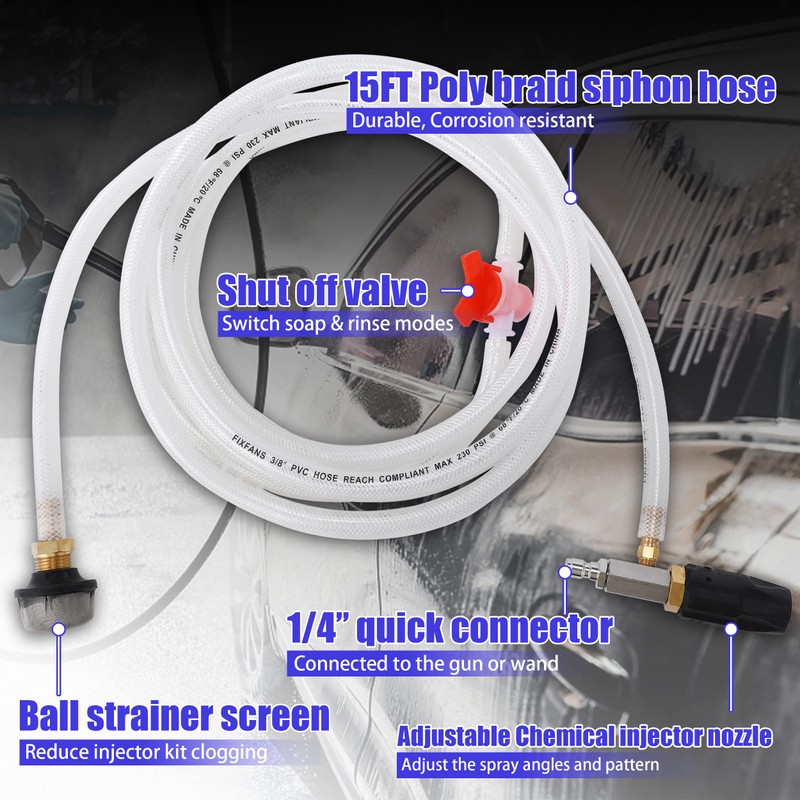 FIXFANS Adjustable Pressure Washer Long Range Nozzle, Downstream Injector Kit